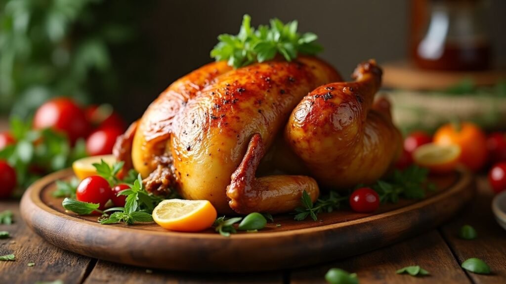 Frango assado dourado com legumes ao redor.