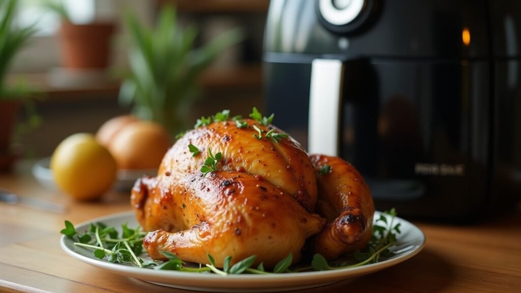 Frango assado na airfryer com ervas frescas.