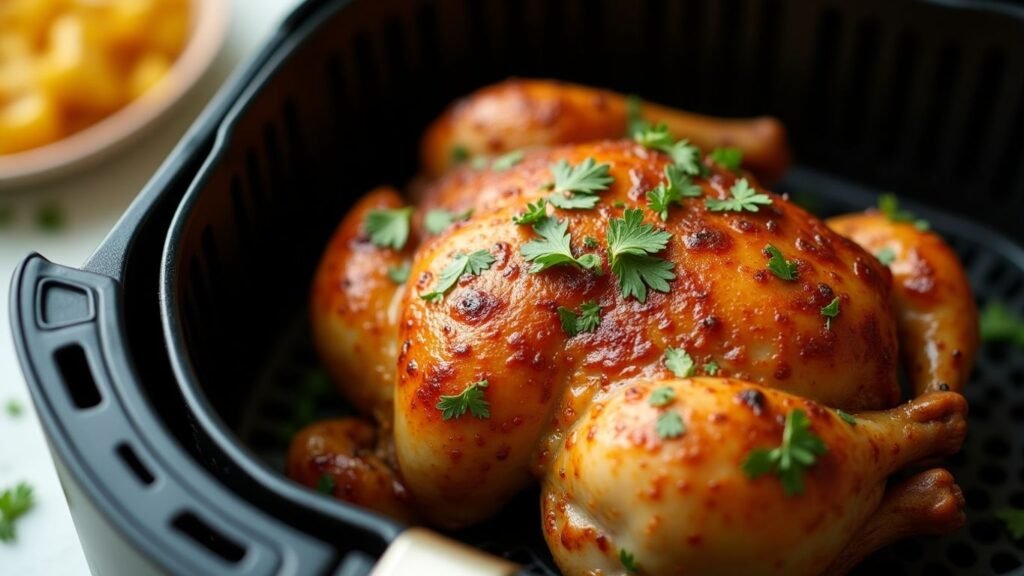 Frango assado crocante na airfryer rodeado de temperos.