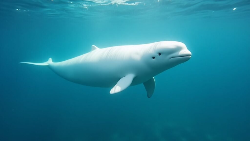 Baleia beluga nadando em águas azuis claras.