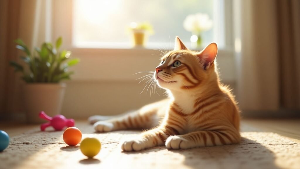 Gato brincando em um ambiente acolhedor e iluminado.