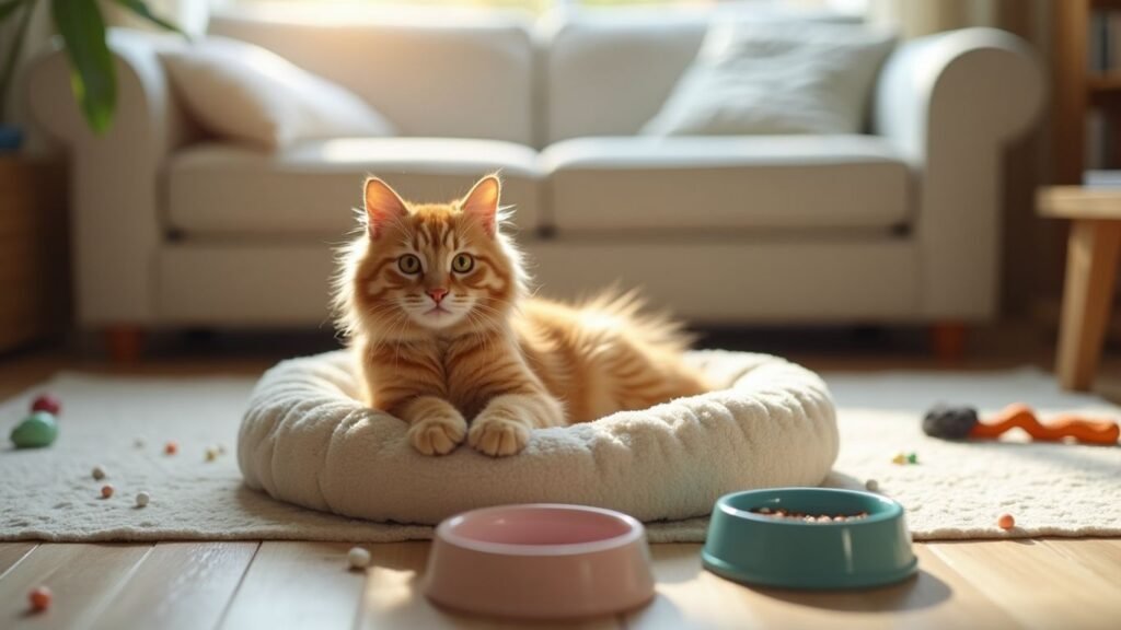 Casa acolhedora com cama e brinquedos para gato.
