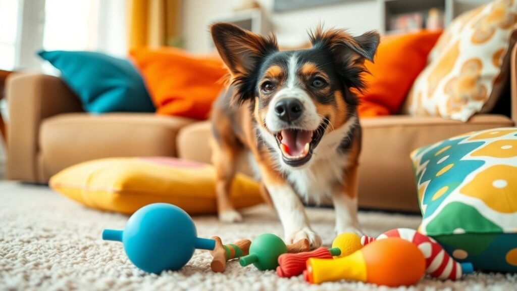 Cachorro procurando petiscos escondidos na sala.