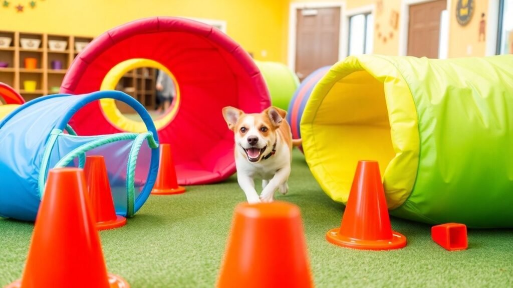 Cão brincando em uma pista de obstáculos colorida.