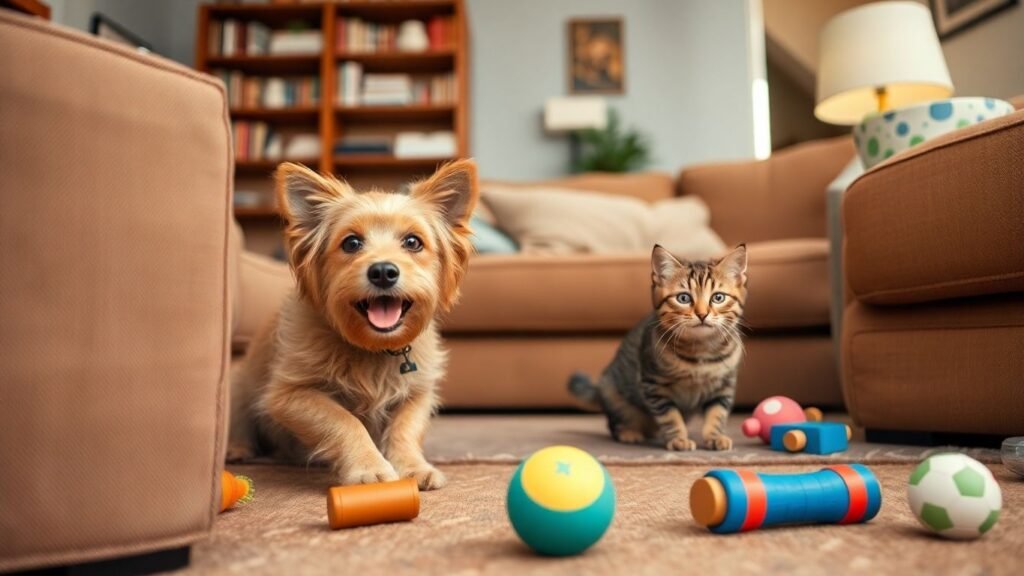 Cachorro e gato brincando de esconde-esconde.