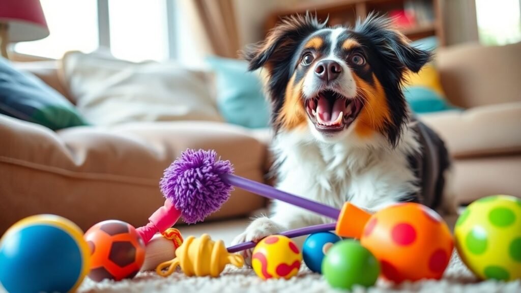 Cachorro brincando com brinquedos interativos coloridos.