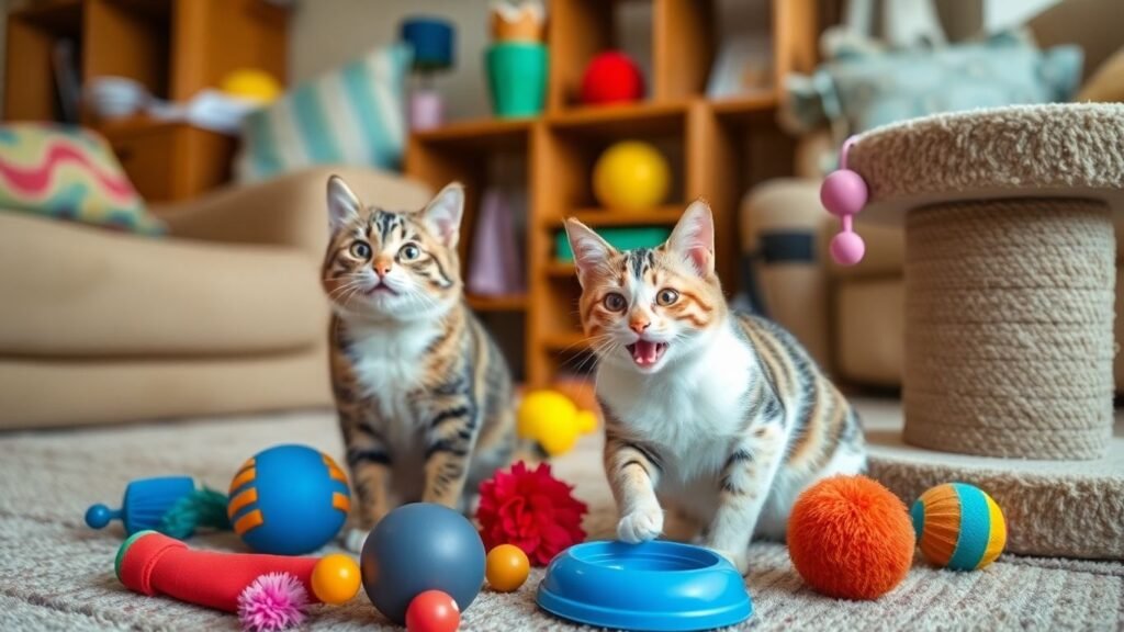 Gato brincando com brinquedos e arranhador colorido.