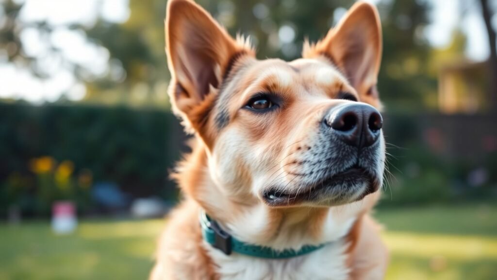 Cachorro usando colar anti-latido em ambiente tranquilo.