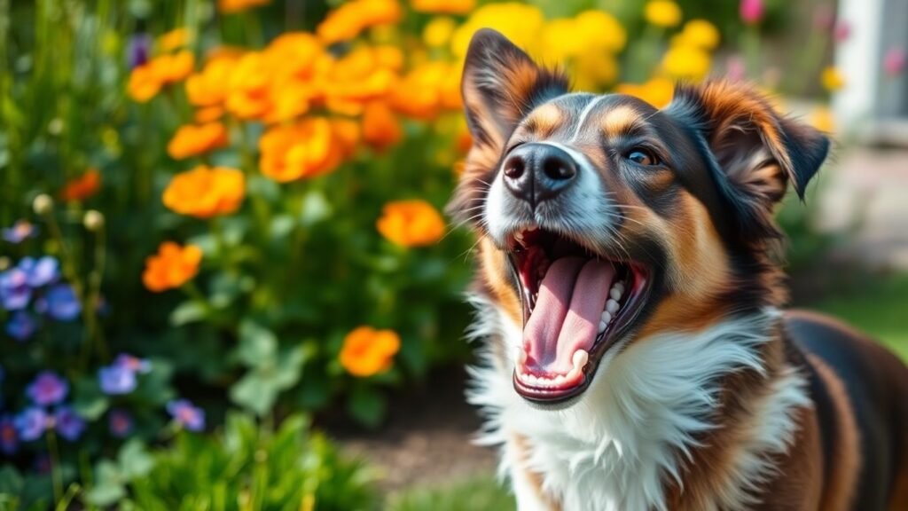 Cachorro brincando e latindo em um jardim colorido.