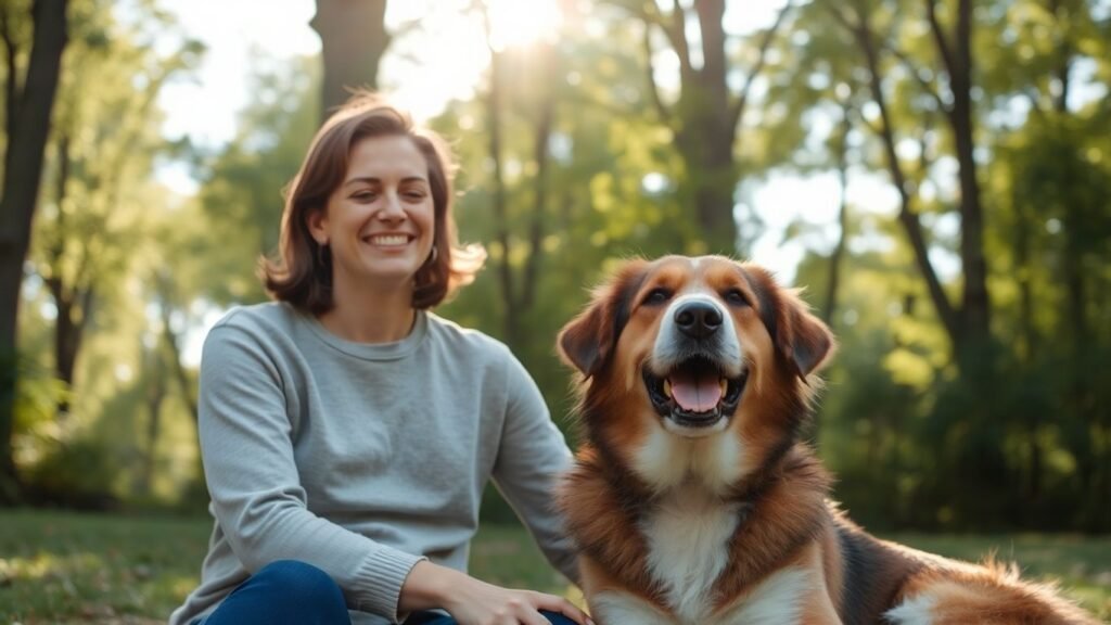 Pessoa feliz acariciando um cachorro em um parque.