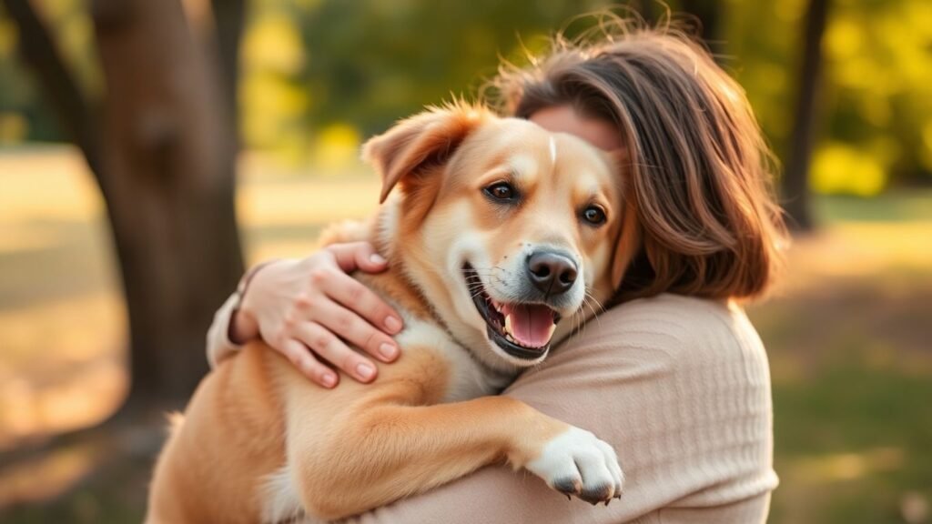 Pessoa abraçando um cachorro em um cenário tranquilo.