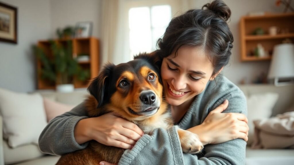 Pessoa abraçando um cachorro em casa.