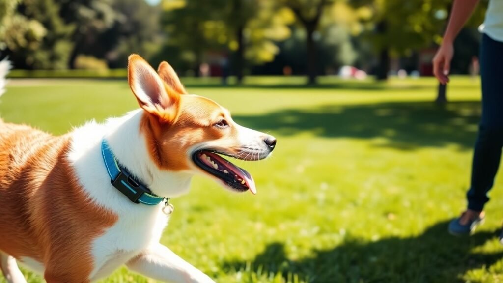 Cachorro com coleira GPS brincando no parque.