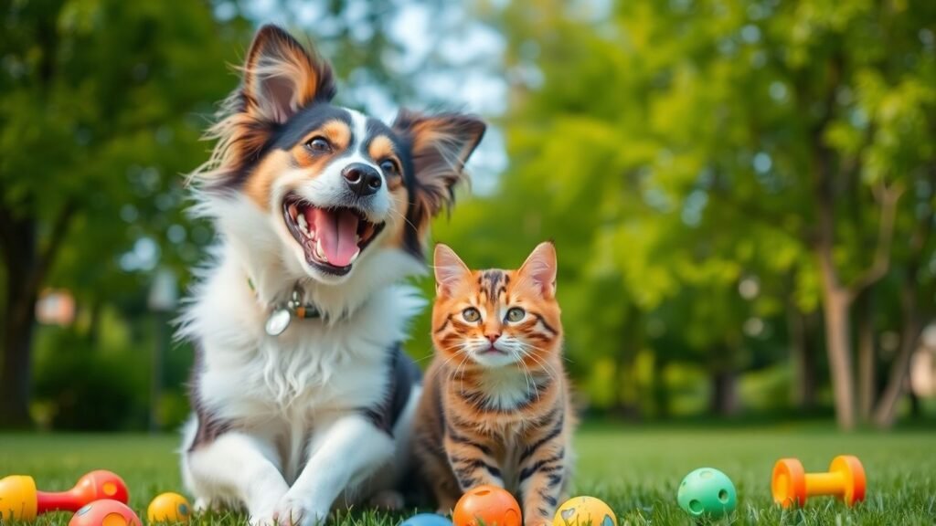 Cachorro e gato brincando felizes em um parque.