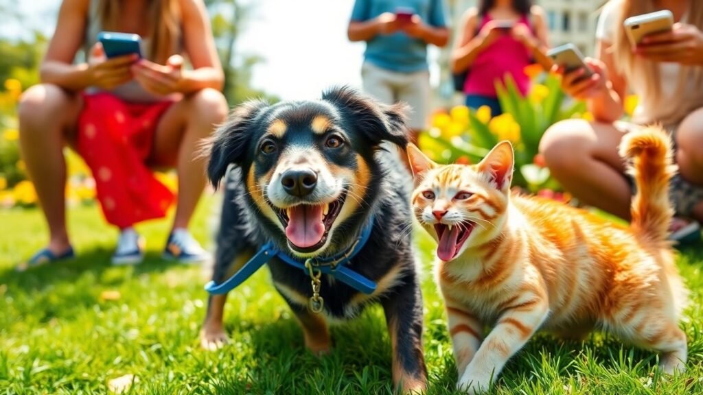 Cachorro e gato brincando em um parque ensolarado.