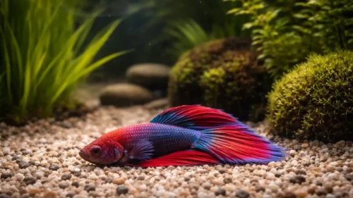 peixe beta descansando no fundo do aquario